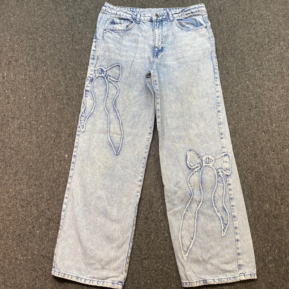 Primark Bow Applique Jeans Sz 14 Girls Light Wash Wide Leg Skater Y2K Denim Pant